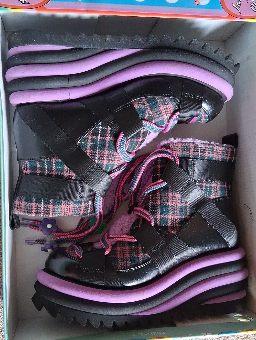 STRAP IT UP Irregular Choice Black/Purple Plaid Platform Boots, Size 11